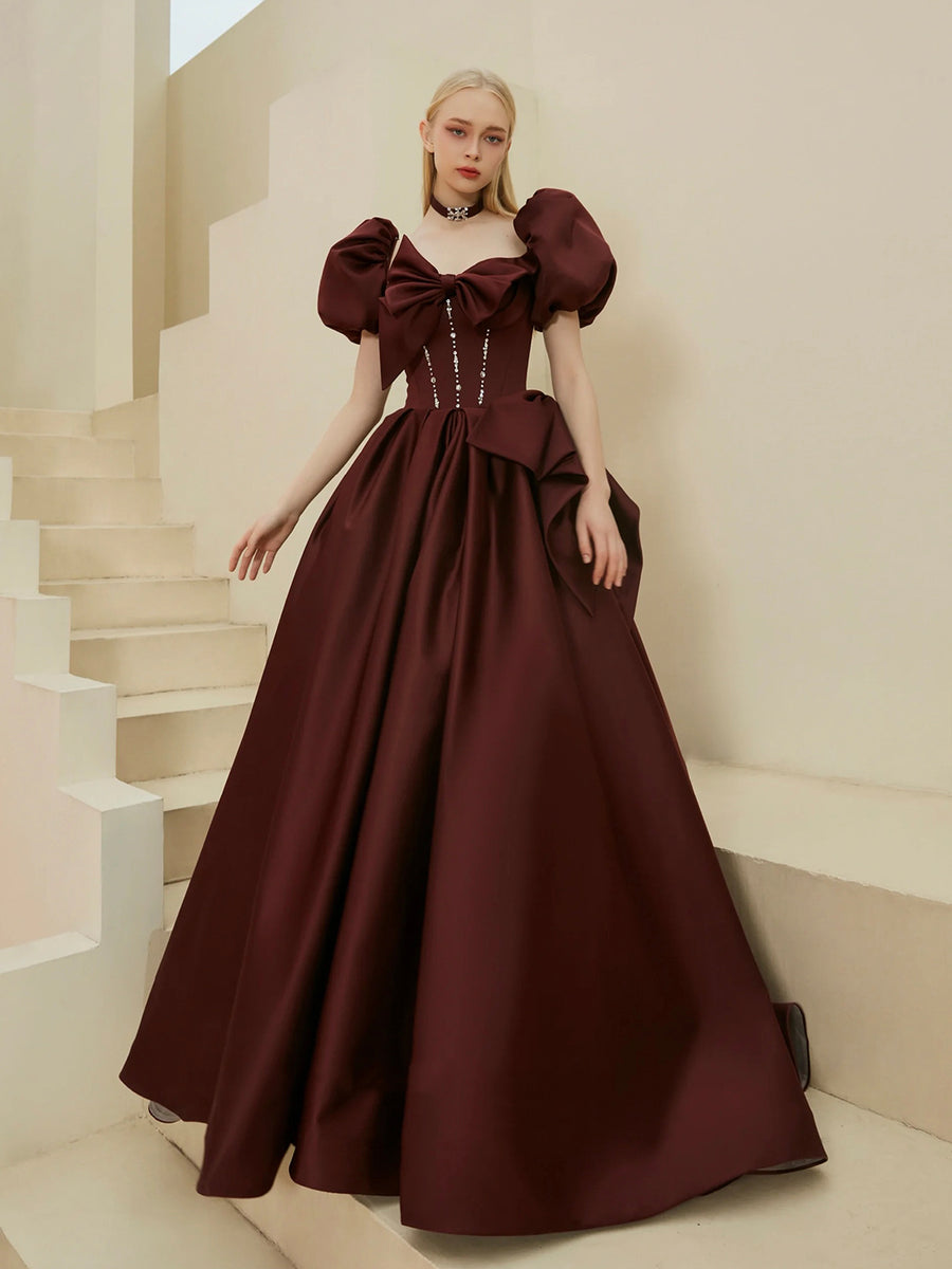 Gorgeous Satin Long Prom Dress, A-Line Puff Sleeve Evening Dress ...