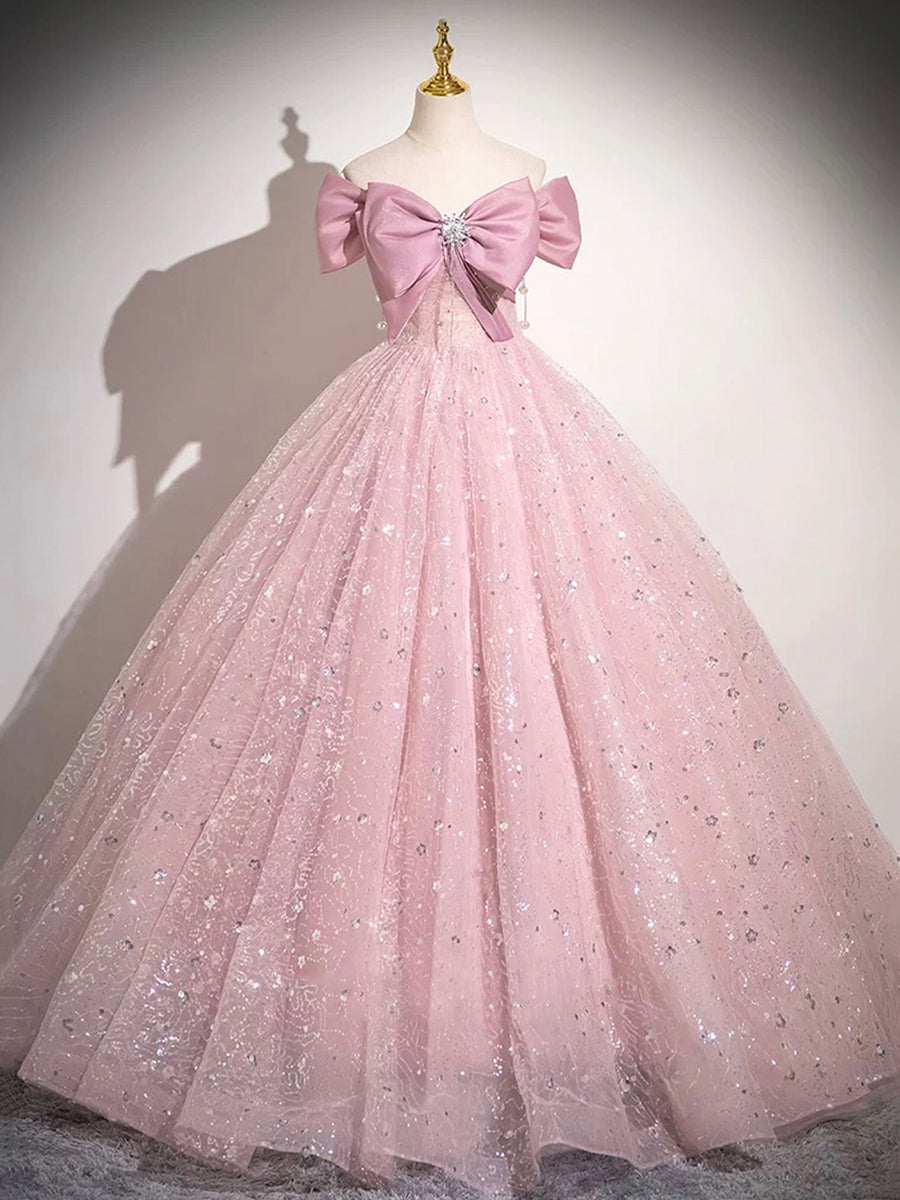 Elegant Pink A-line Square Neck Strappy Sequined Tulle Long Prom Dress Evening Dress cc4764 main image 1