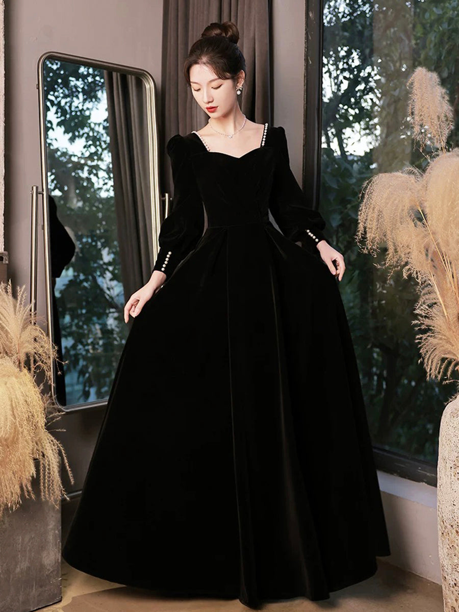 Black Velvet Long Sleeve Formal Dress, A-Line Floor Length Evening Dress US 16 / Black