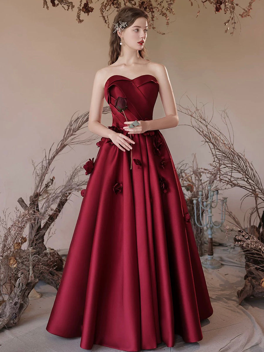 Burgundy Strapless Satin Long Prom Dress, A-Line Backless Formal Eveni