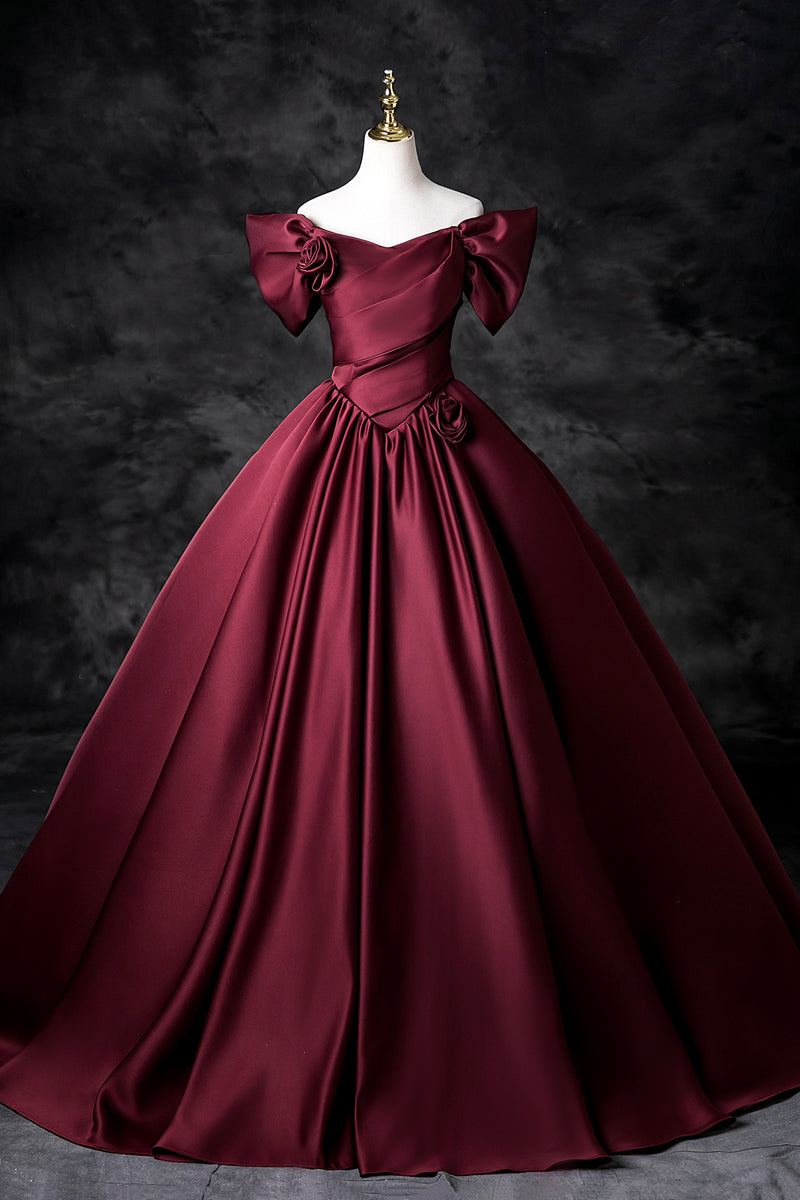 Burgundy Satin Floor Length Prom Dress, Off the Shoulder Party Dress