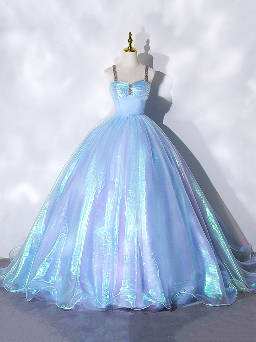 Shiny Blue Tulle with Velvet Top Long Evening Dress, Blue Formal Dresses Party Dresses