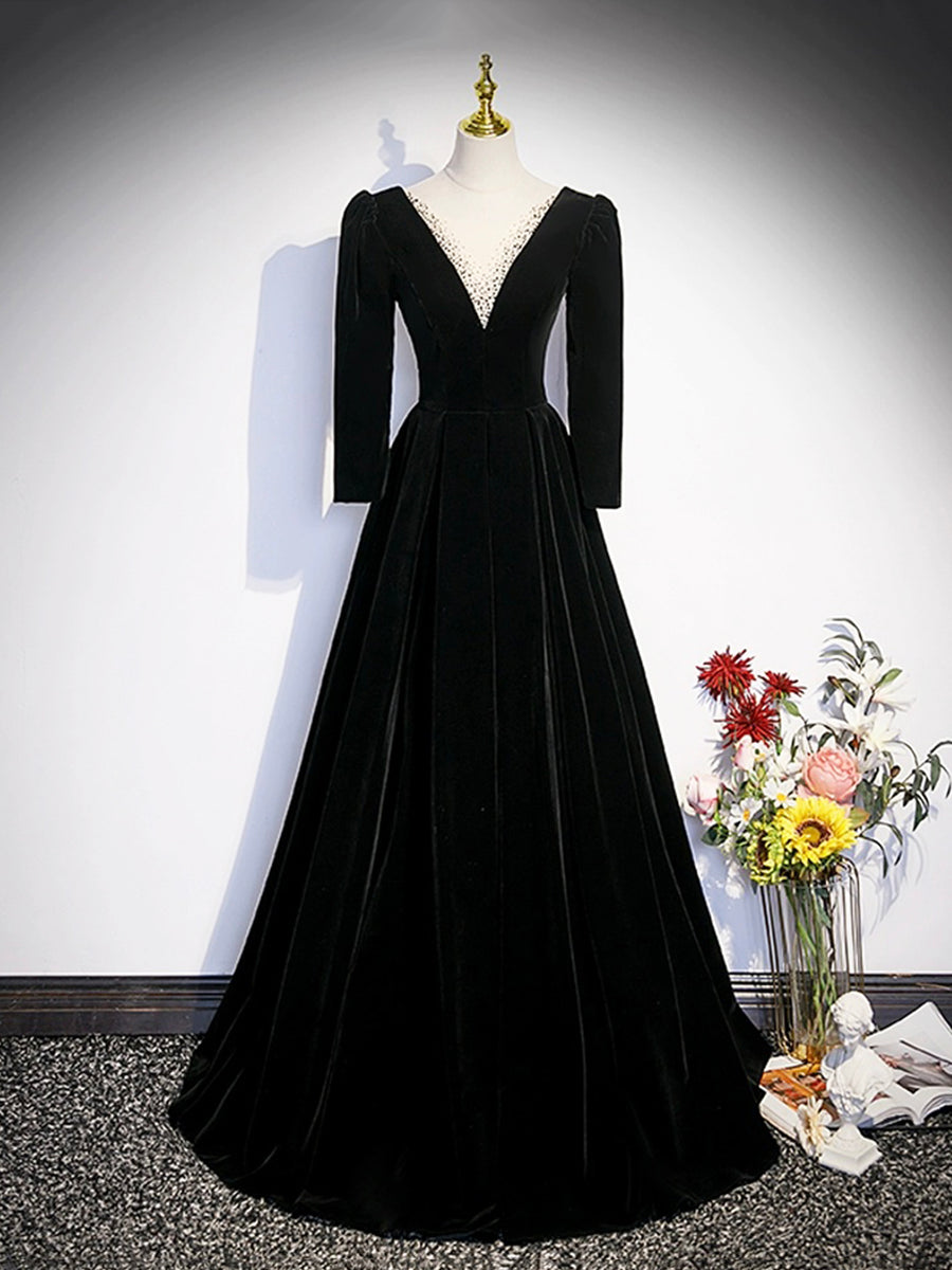 Black Velvet Long Prom Dress, Elegant Long Sleeve A-line Evening Party