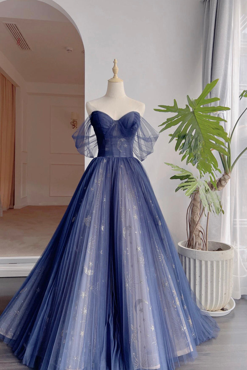 Blue Tulle Off Shoulder with Lace Floral Long Party Dress, Cute Party Dress Evening Prom Dress main image 1