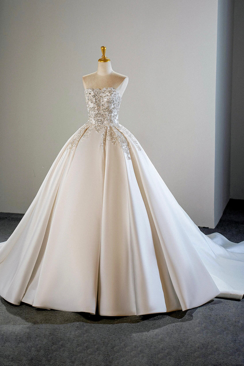 White Satin Beads Long Formal Dress, A-Line Strapless Prom Evening Dre
