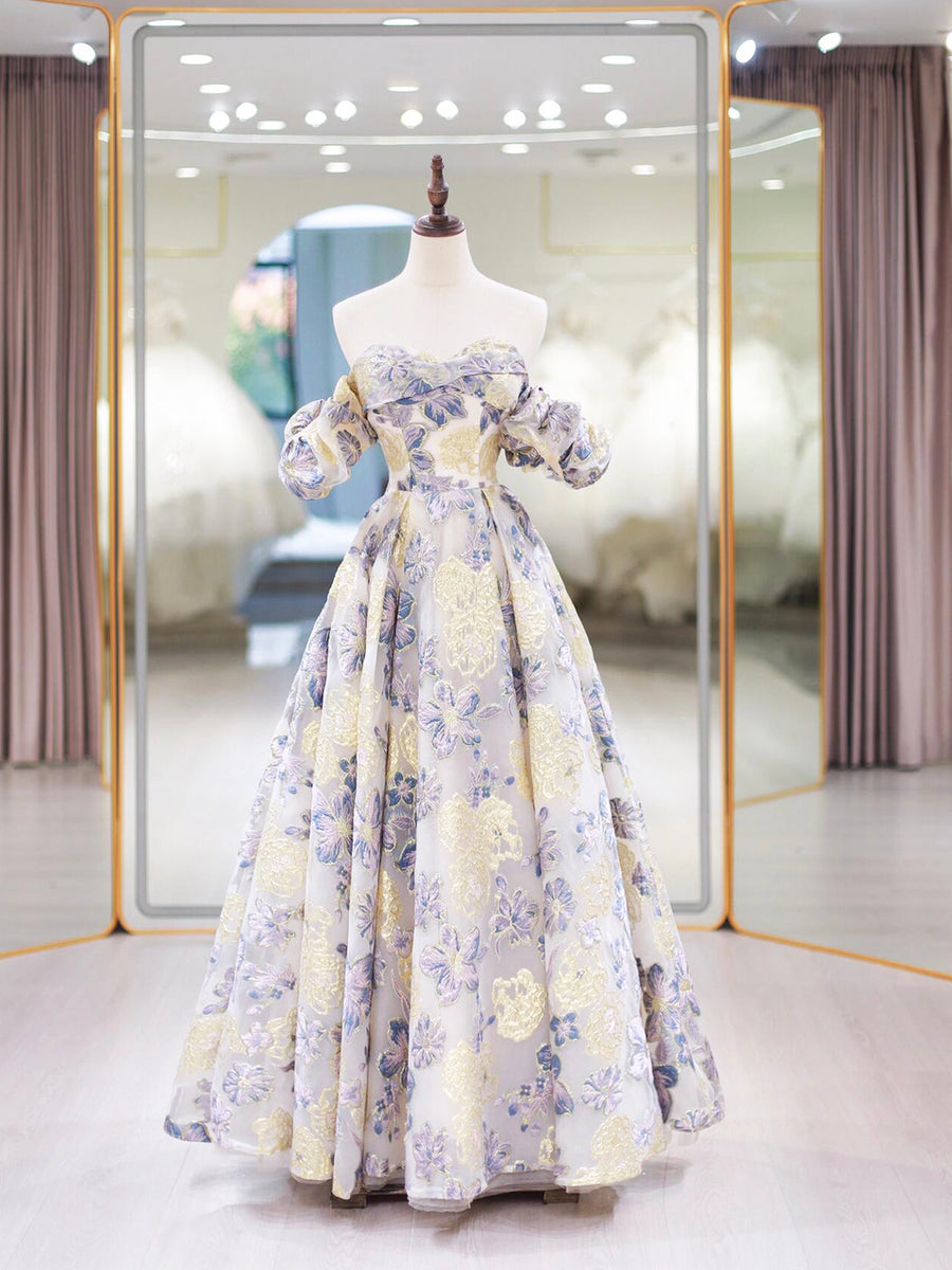 Floral A-Line V-Neck Tiered Floor-Length Prom Dress Off-Shoulder Fairy Long Dresses