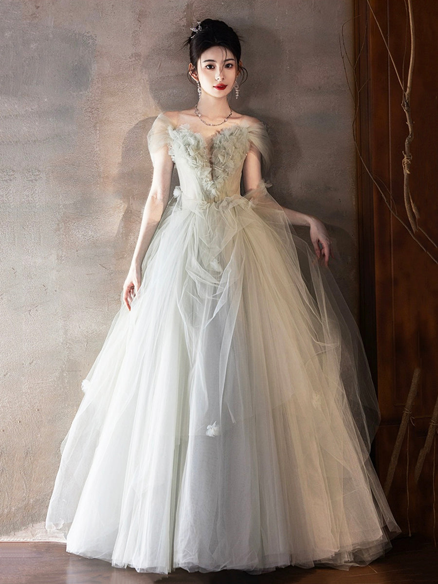 Light Green Long Sleeves Gradient Tulle Party Dress, Green Floor Length Prom Dress
