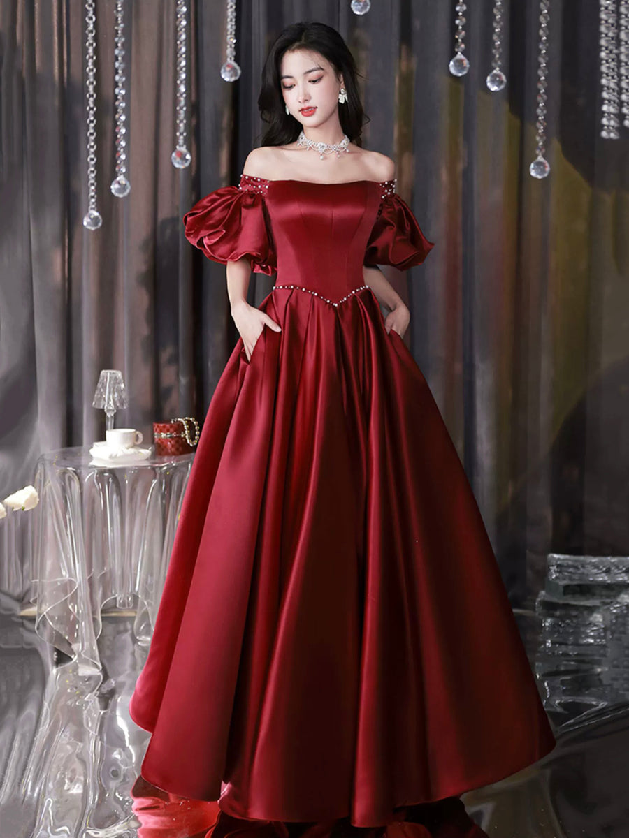 Burgundy Satin Floor Length Prom Dress, Off the Shoulder Short Sleeve