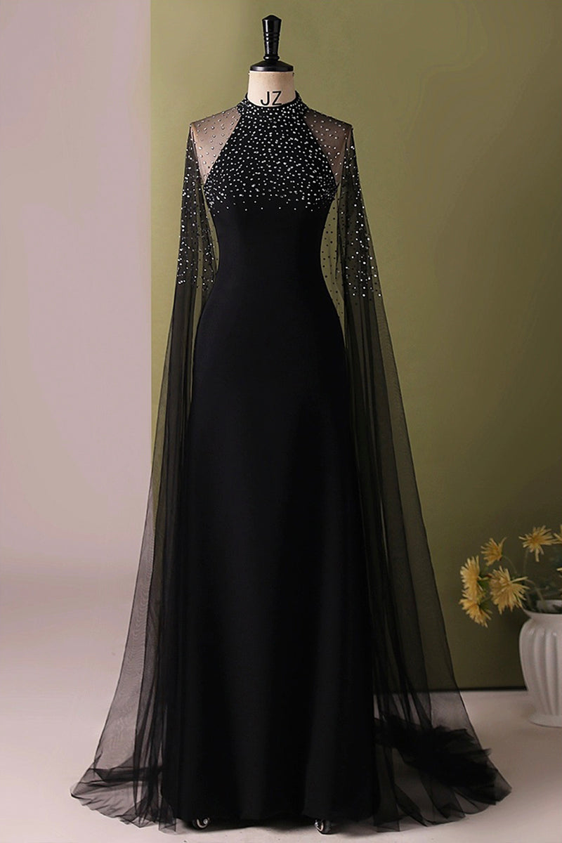 Black Halter Shiny Tulle Long Party Dress with Beadings, Black Tulle Prom Dress