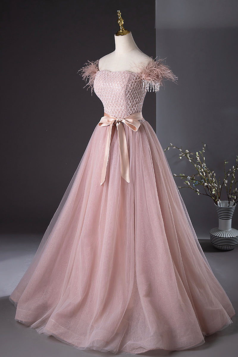 pink tulle prom dress Pink Tulle Beaded Long Prom Dress, Lovely Pink Off the Shoulder Evenin –  Loveydress