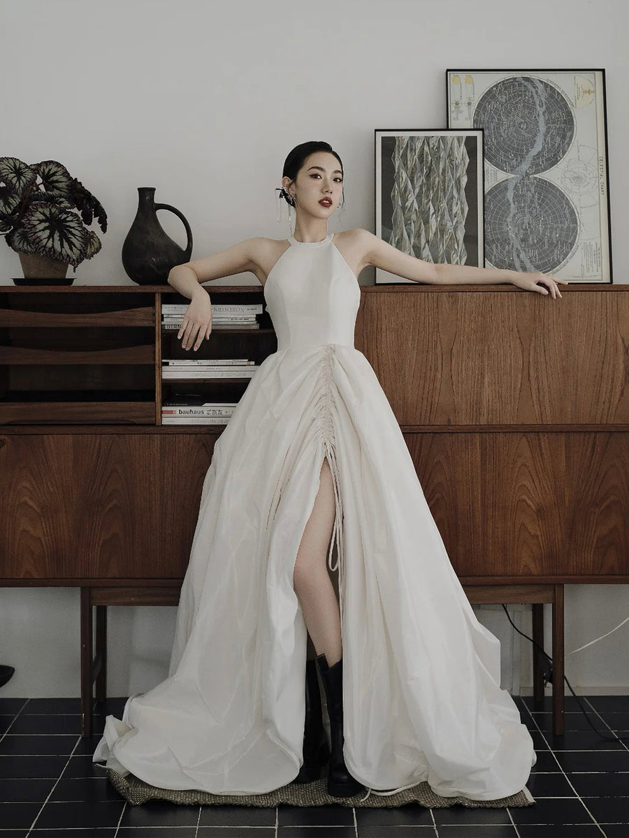 Elegant A Line Halter Satin Long Prom Dress, Evening Dress C6951