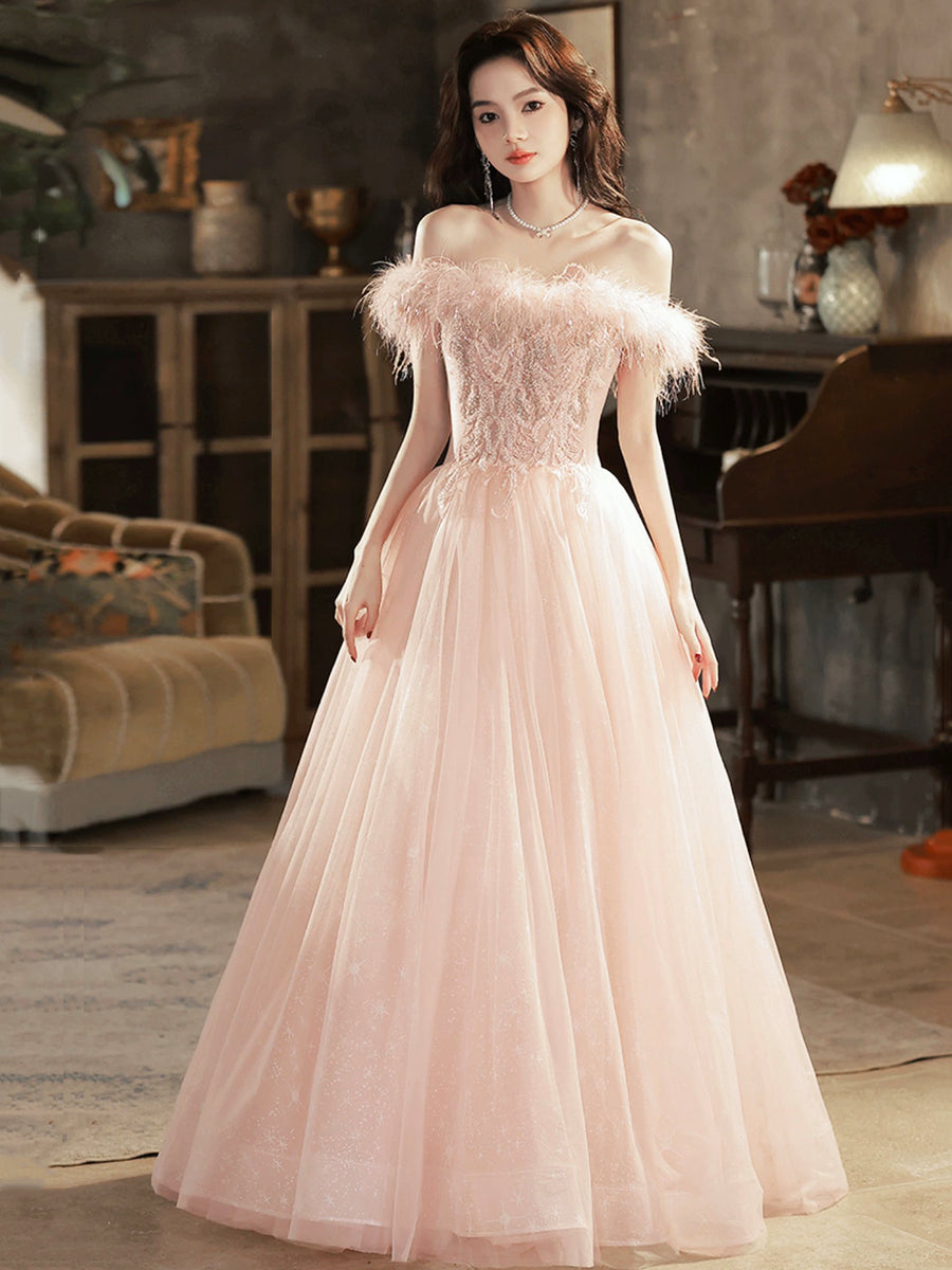 Pink Tulle Lace Long Prom Dress with Feathers, Off Shoulder Pink Evening Dress US 16 / Pink