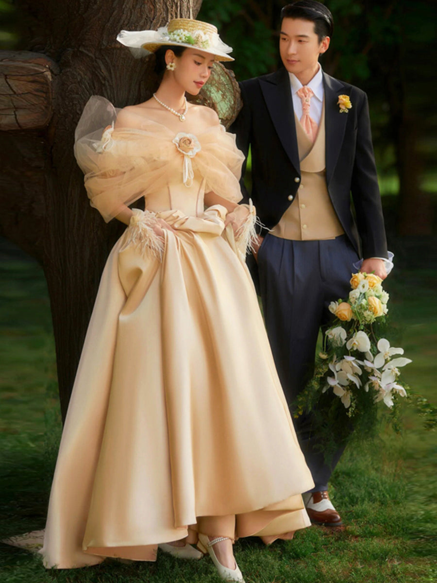 French Champagne Satin Corset Long Prom Dress, Off the Shoulder Evenin ... French Champagne Satin Corset Long Prom Dress, Off the Shoulder Evenin ...