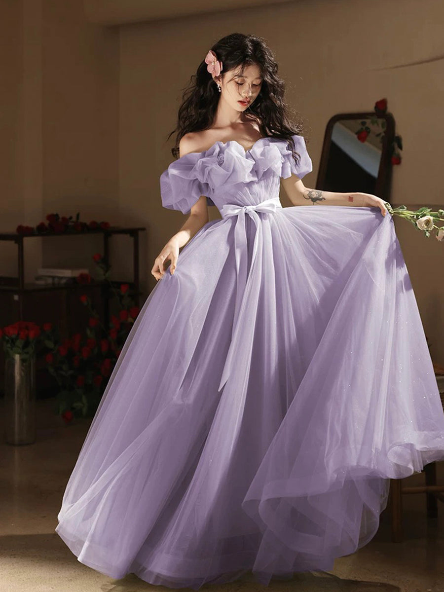Lilac A Line Off The Shoulder Tulle Lace Sqeuin Without Sleeves Long Prom Dress, Evening Dress main image 1