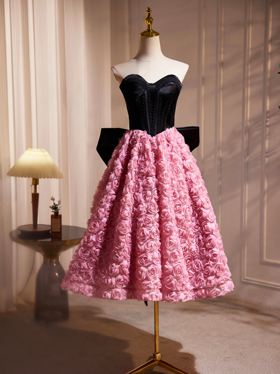Black Satin and Pink Ruffle Flower Short Prom Dress, Lovely A-Line Str