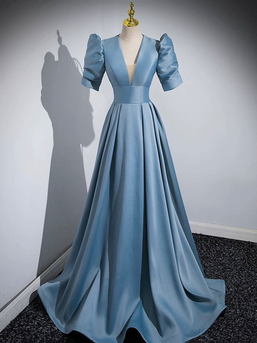 A Line Floor Length Deep V Neck Satin Prom Dresses LBQ1296 main image 1
