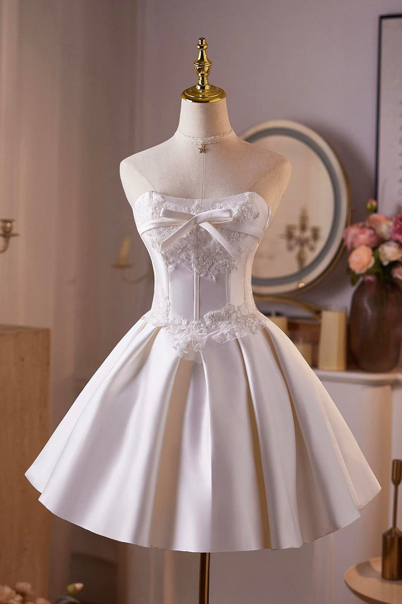 White Satin Lace Short Prom Dress, A-Line Sweetheart Neck Party Dress