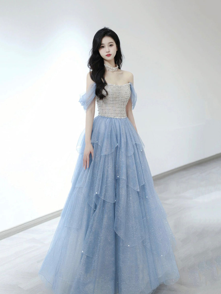 Blue Tulle Layered Long Prom Dresses, Beautiful Strapless Evening Part