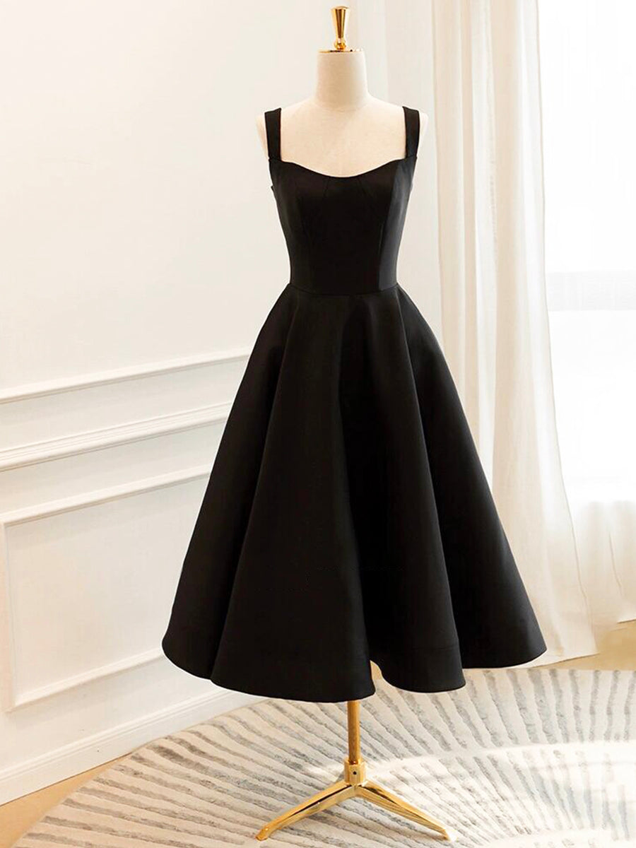 Black Satin Short Prom Dress, Simple A-Line Evening Party Dress