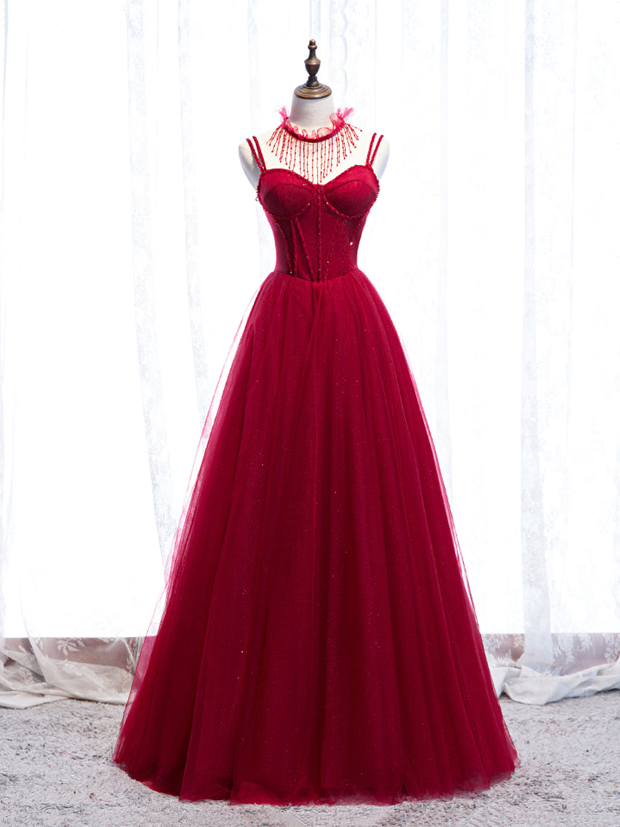 Red Spaghetti Strap Tulle Party Dress, Red Floor Length Prom Dress –  Loveydress