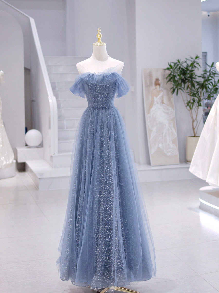 A-line Light Blue Strapless Tulle Long Formal Dress, Light Blue Tulle Evening Gown Prom Dress