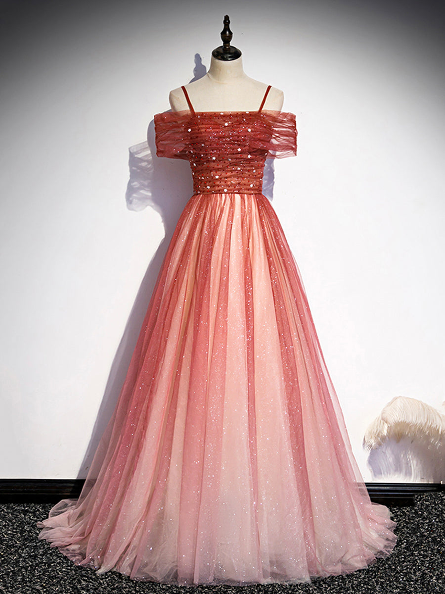 Elegant Burgundy One Shoulder Long Sleeve Tulle Ruffle A-line Long Prom Dresses Evening Dress, OL840 main image 1