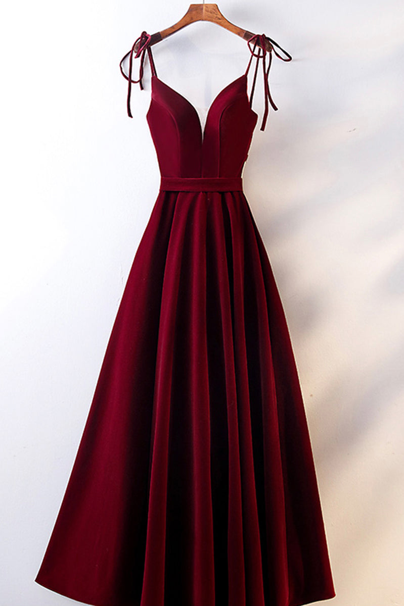 A-Line Burgundy Velvet Long Prom Dress, Burgundy Evening Dresses