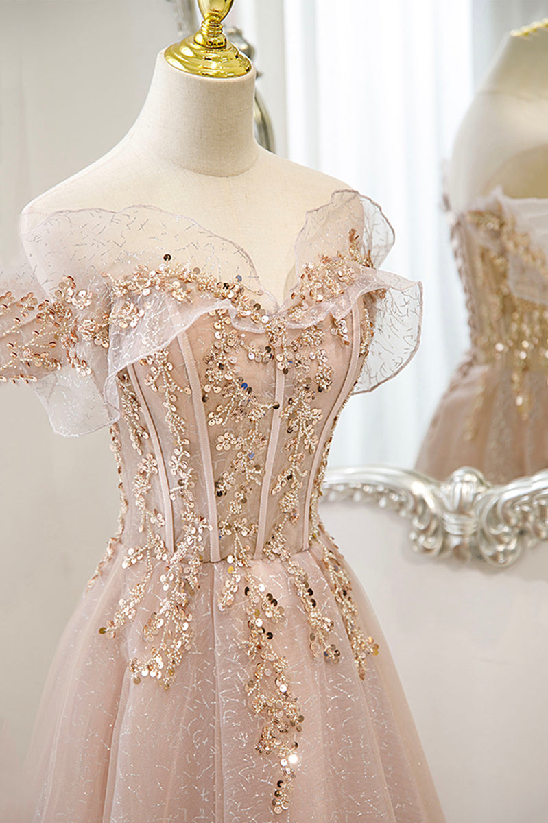 Charming Mermaid Off The Shoulder Pink Tulle Sequin Long Prom Dress, Evening Dress