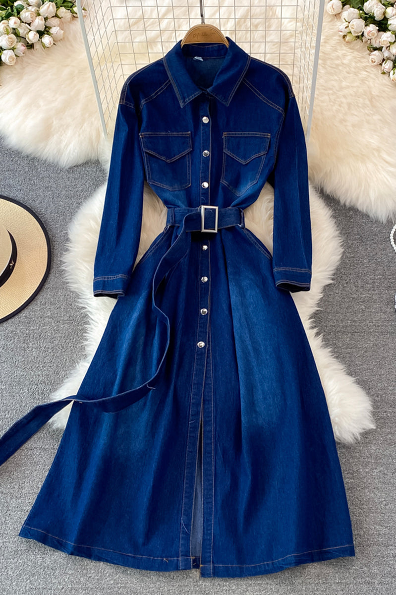 Blue A-Line Long Sleeve Denim Dress L / Blue