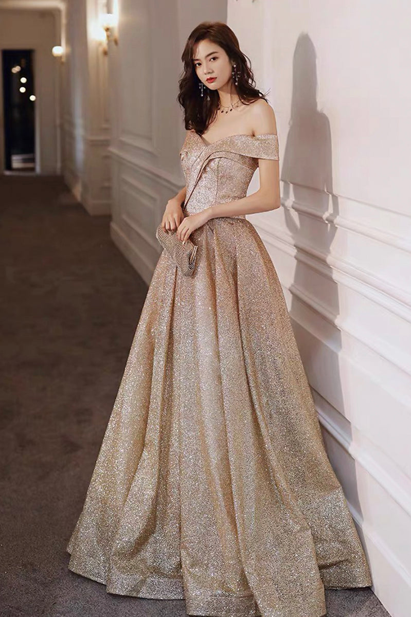 A Line Off The Shoulder Beading Black & Gold Prom Dress
