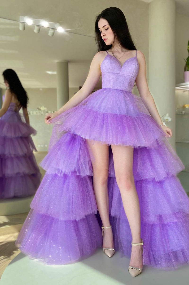 Purple Layers Tulle High Low Prom Dress Cute A Line Party Dress