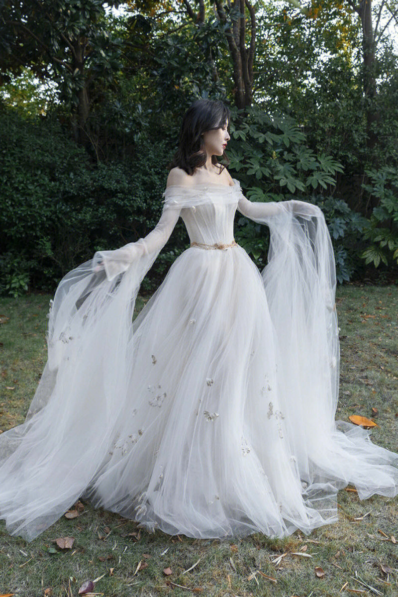 long sleeve ivory prom dress Ivory Tulle Long Sleeve Prom Dress, A-Line Evening Dress with Butterfly US 10 / Ivory