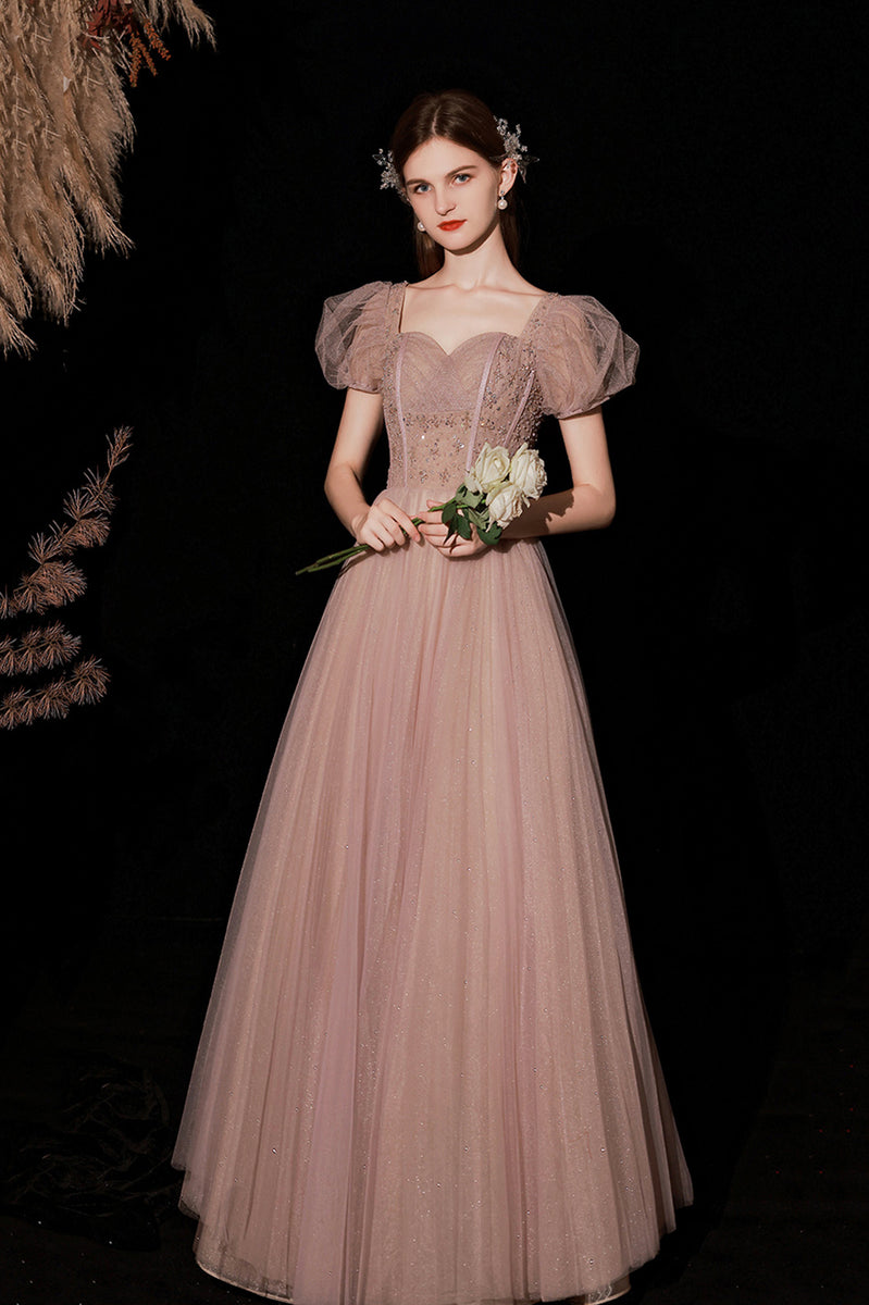 A-Line Tulle Beaded Long Prom Dress, V-Neck Evening Dress main image 1