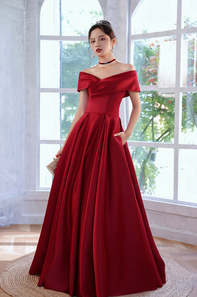 Red Satin A-Line Floor Length Prom Dress, Red Off Shoulder Evening Dre