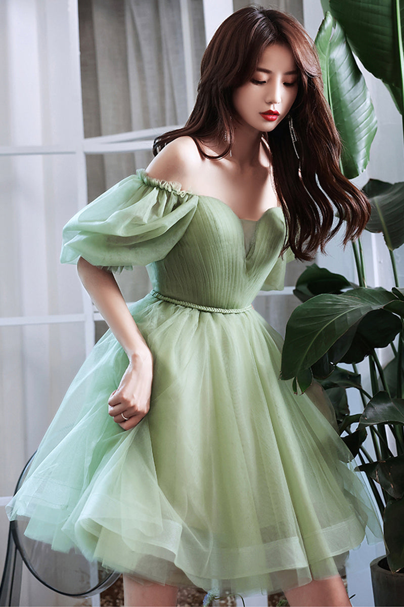 Green Tulle Short Prom Dress, Green A-Line Short Sleeve Party Dress – Loveydress