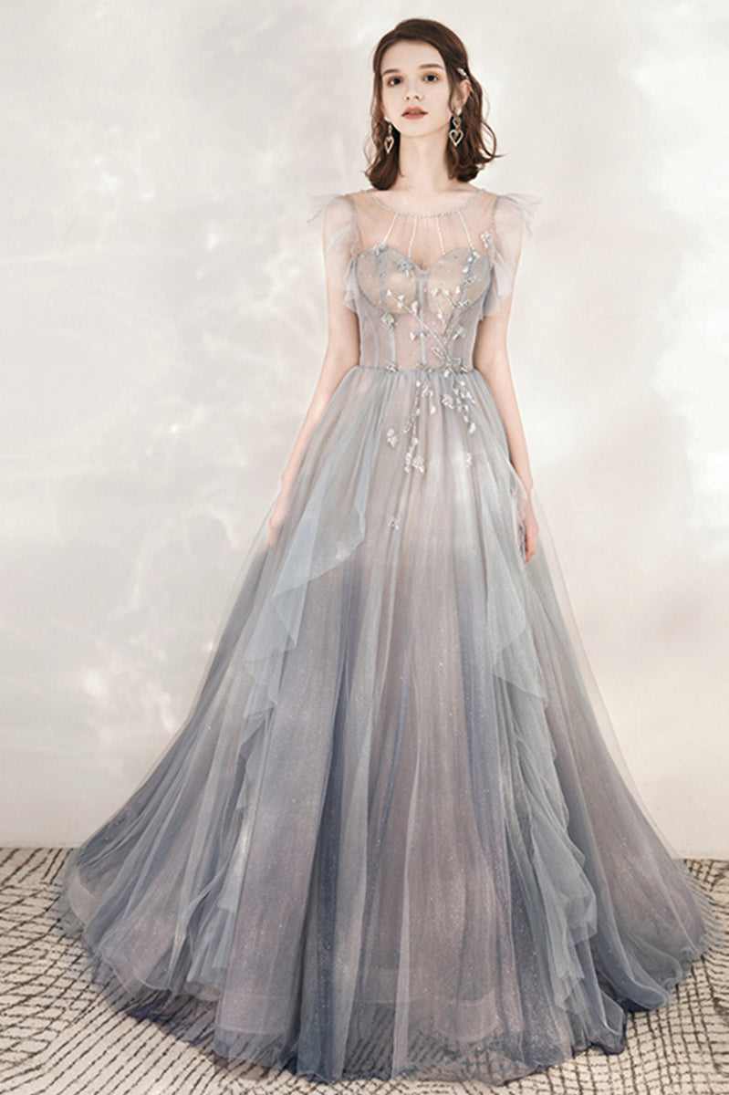 gray tulle prom dress Gray tulle lace long prom dress gray tulle formal dress