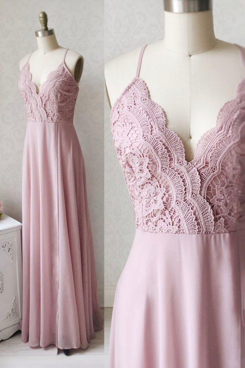 Pink Chiffon Lace Long Prom Dresses V Neck Spaghetti Strap Party Dres