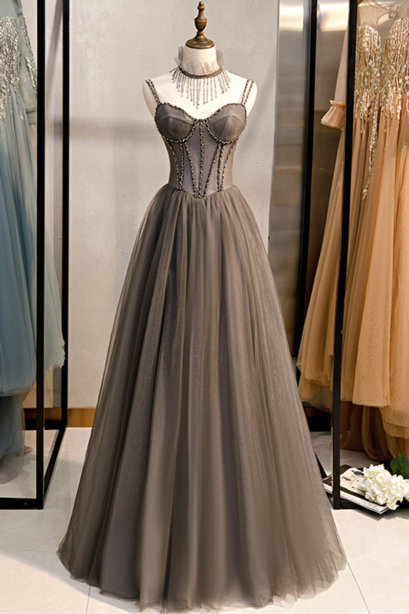 Gray Tulle Spaghetti Strap Long Prom Dresses, ALine Evening Dresses