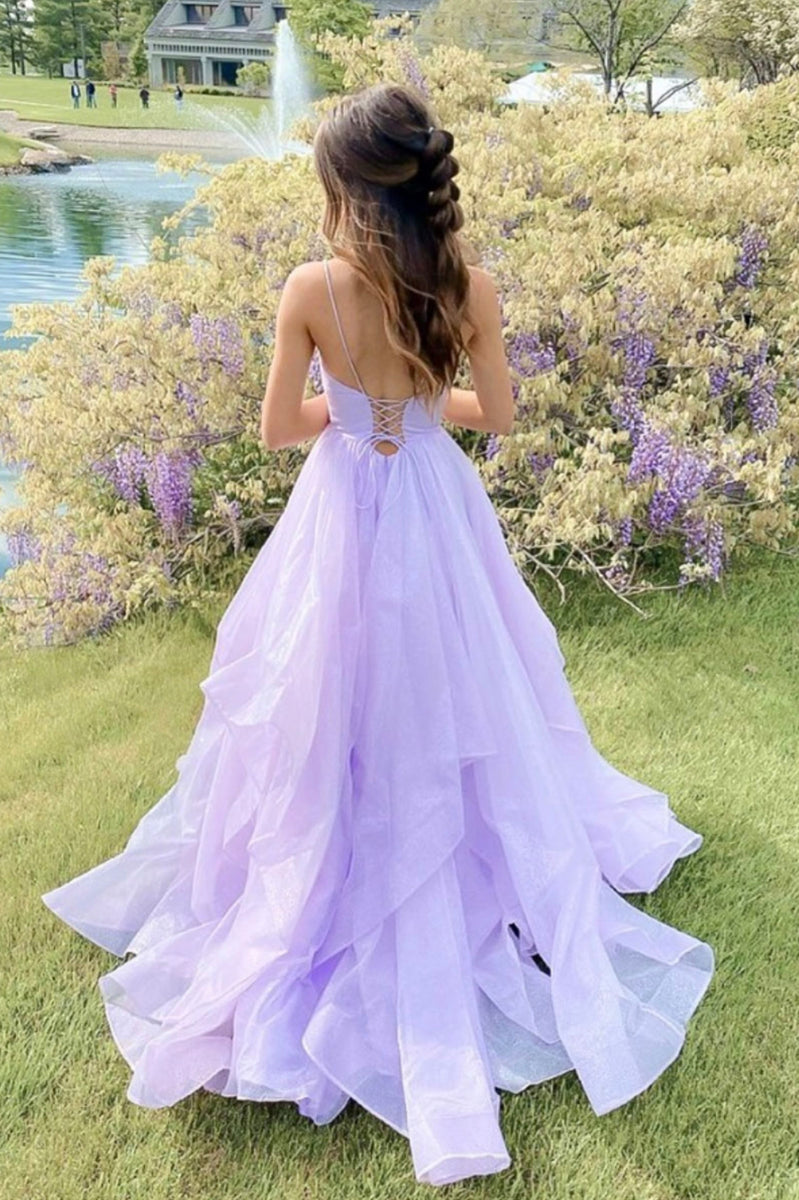 Straps Light Purple Tulle Ruffle A-line Long Prom HZ0308 main image 1