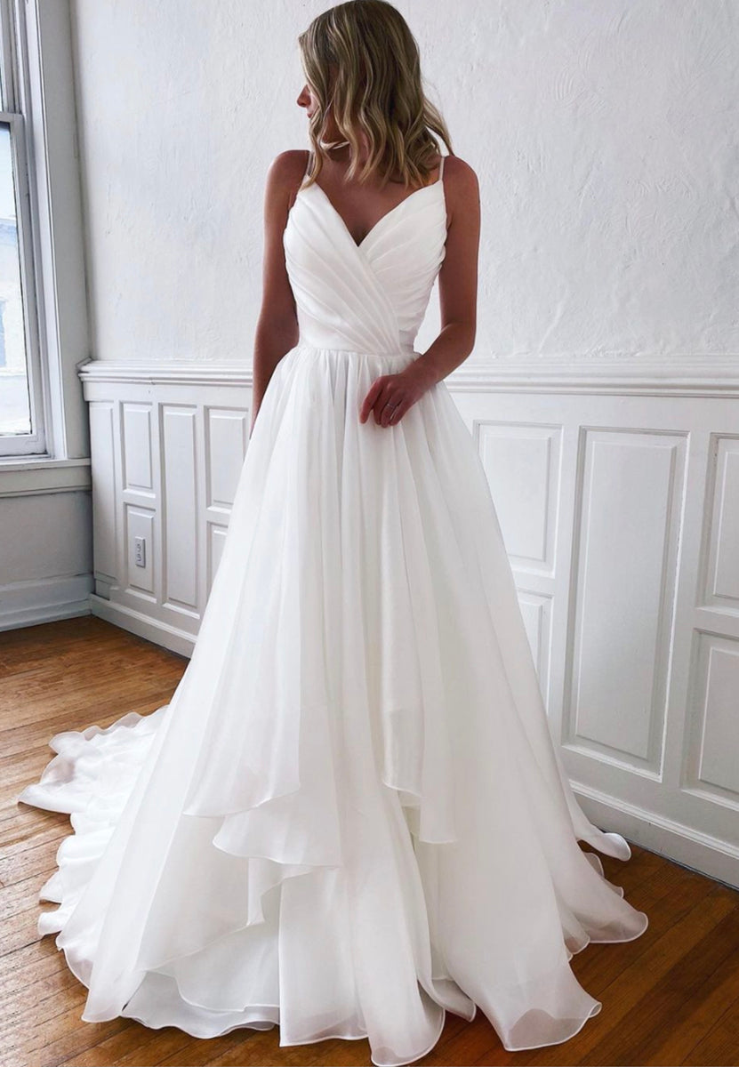 Elegant White V-Neck A-Line Long Prom Dress Ideas, Evening Party Dresses, OLP1388