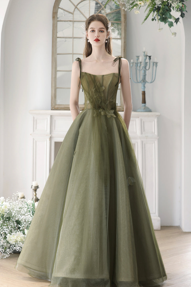 Ovlias Green Spaghetti Strap Shine Prom Dress Sleeveless A Line Dress YB0059
