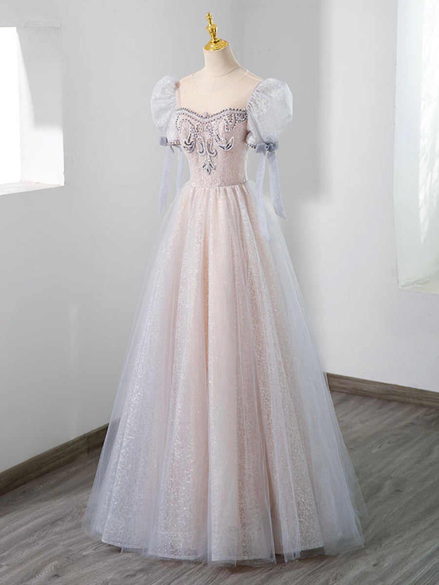 Purple Tulle Beaded Long Formal Dress, Cute A-Line Evening Dress main image 0
