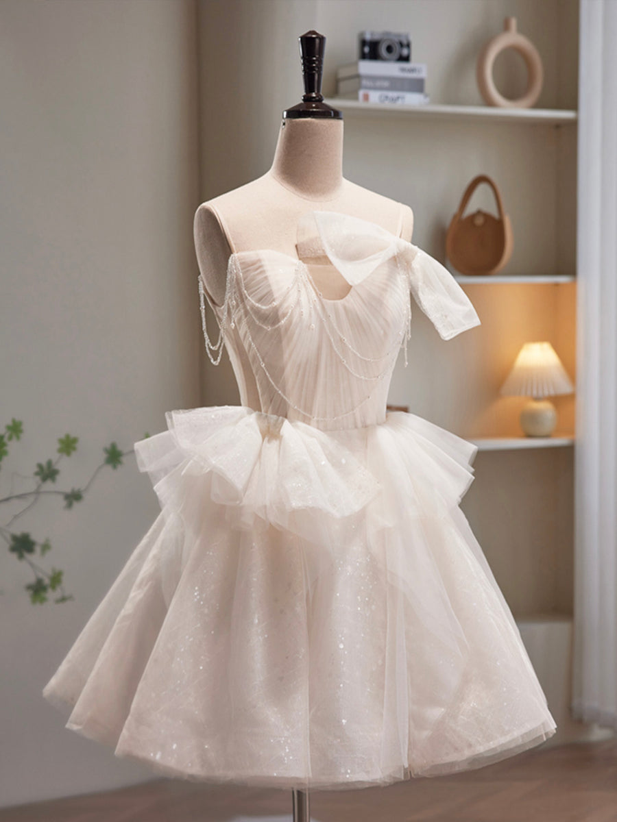 A Line Spaghetti Straps Short Prom Dresses, Cute Puffy Homecoming Gown with Flower UQH0171