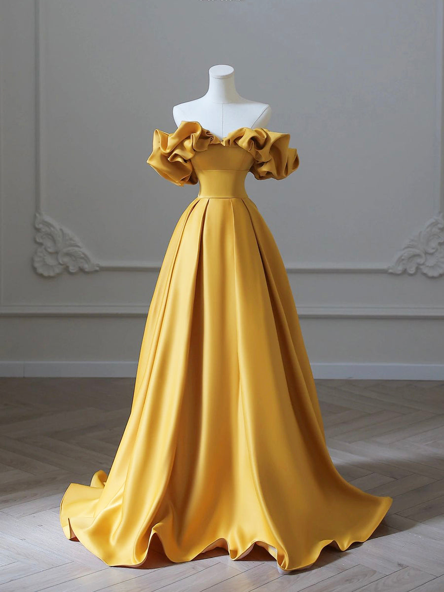 Yellow Satin Long Prom Dress, Off Shoulder A-Line Evening Dress US 10 / Yellow