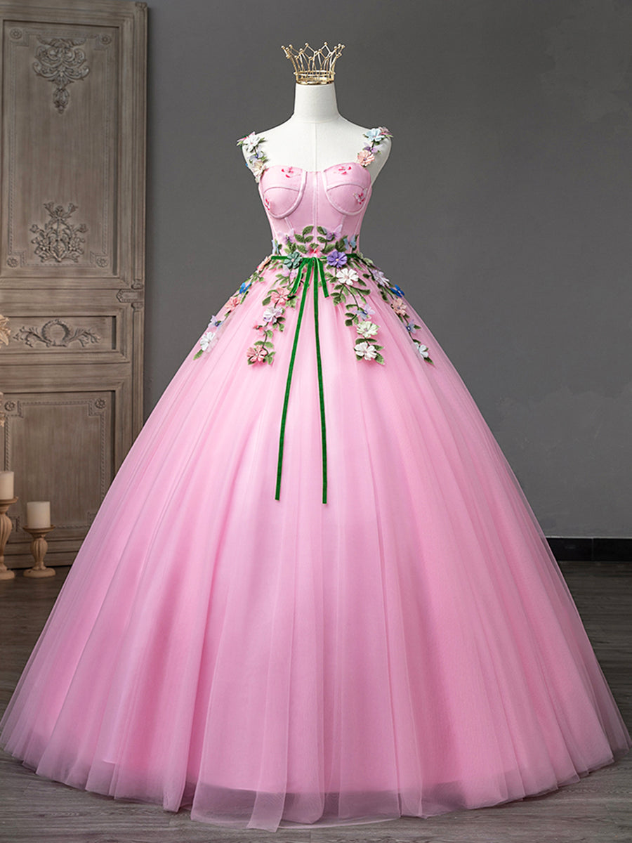 Lovelife Lovely Pink Tulle A-Line with Flowers Long Evening Gown Prom Dress, Light Pink Party Dresses