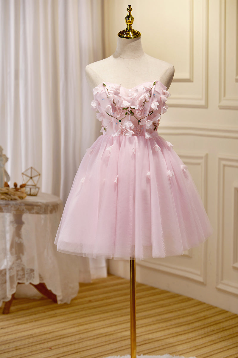 Pink Tulle Short Prom Dress Pink A Line Strapless Homecoming Dress