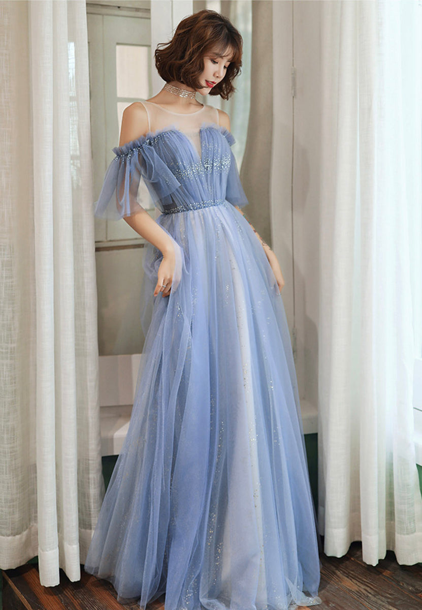 Blue Tulle Long A-line Prom Dresses, Blue Evening Dresses – Loveydress