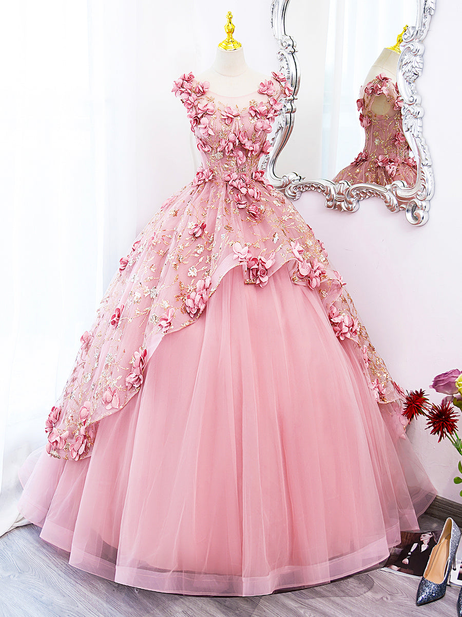 Pink Tulle Long Prom Dress with Flowers, Beautiful A-Line Sweet 16 Dre   Loveydress