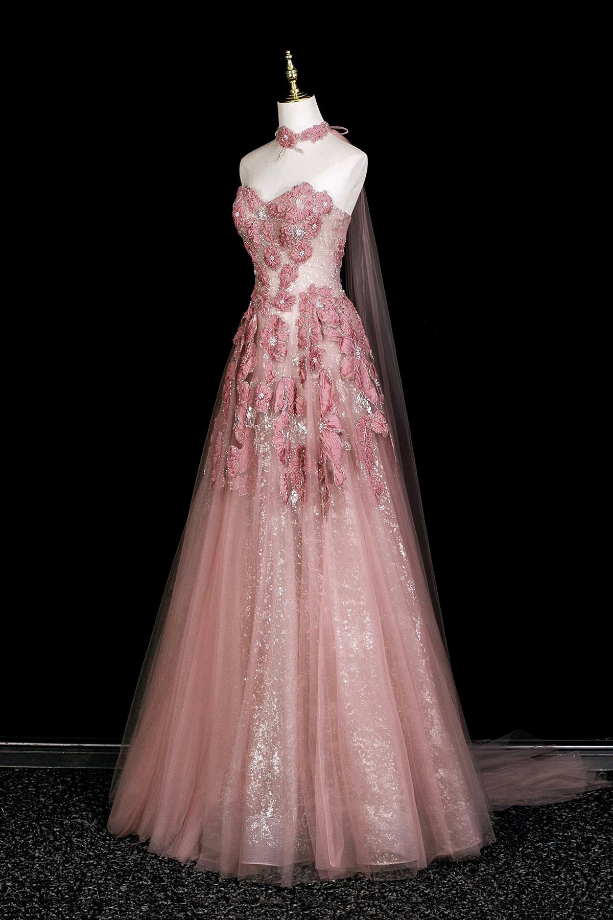 Dusty Pink Handmade Flower Beaded Sheer Neck ALine Formal Prom Dress Loveydress Dusty Pink Handmade Flower Beaded Sheer Neck ALine Formal Prom Dress Loveydress