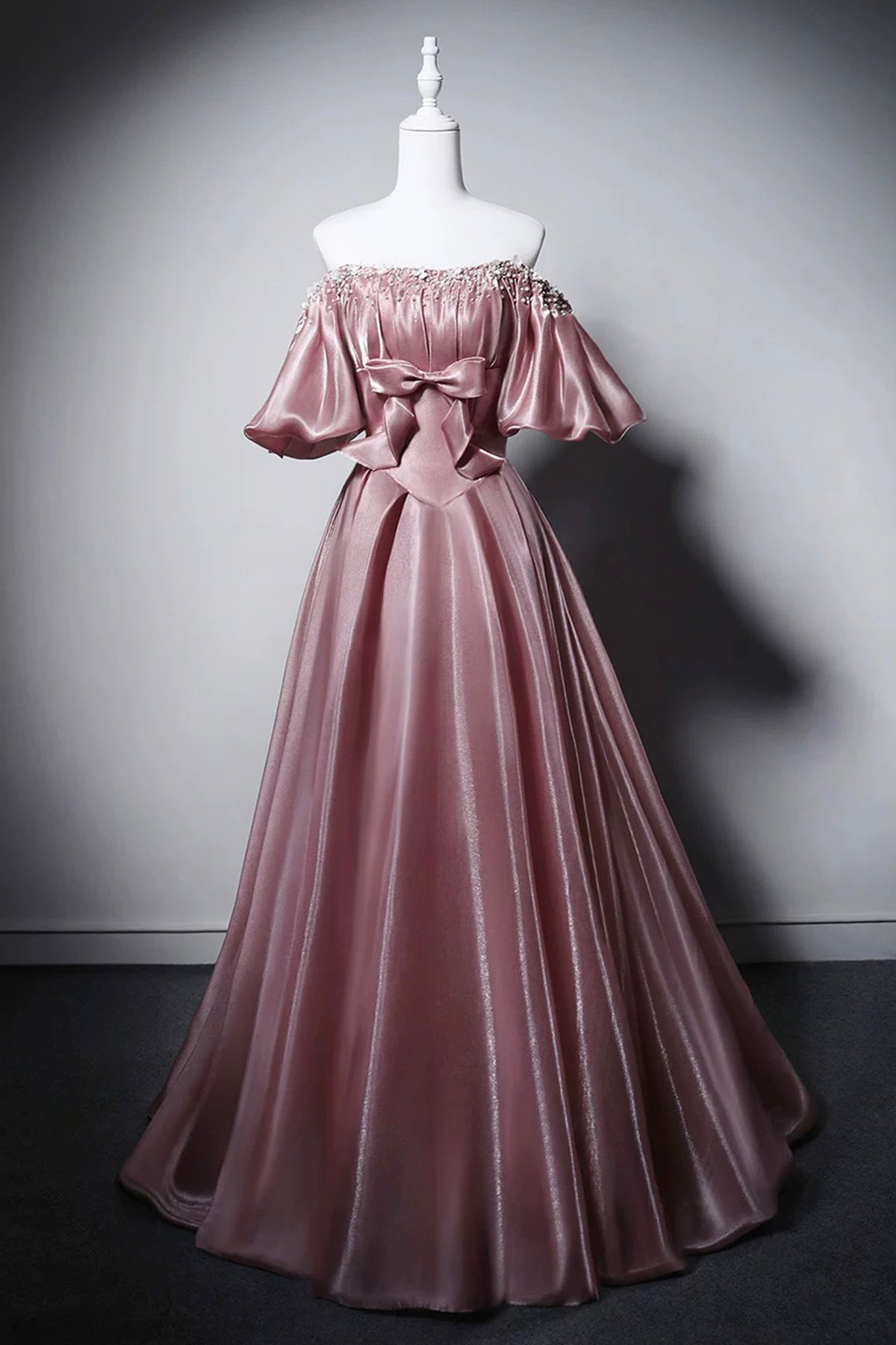 pink off the shoulder puff sleeve dress Dusty Pink Off-the-Shoulder A-Line Evening Gown with Puff Sleeves –  Loveydress